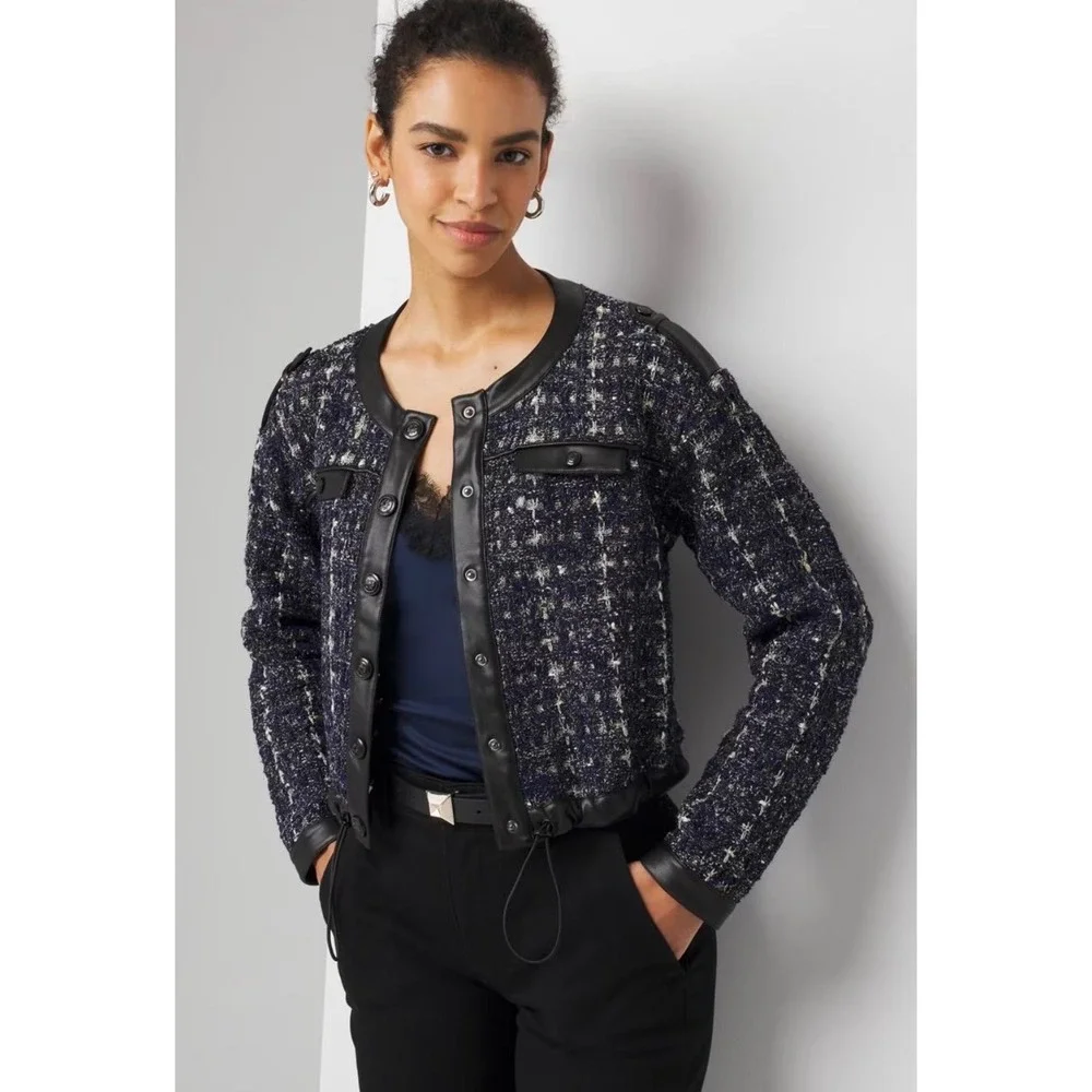 White House Black Market Cropped Tweed Sweater Jacket Small Edgy‎ Chic Academia